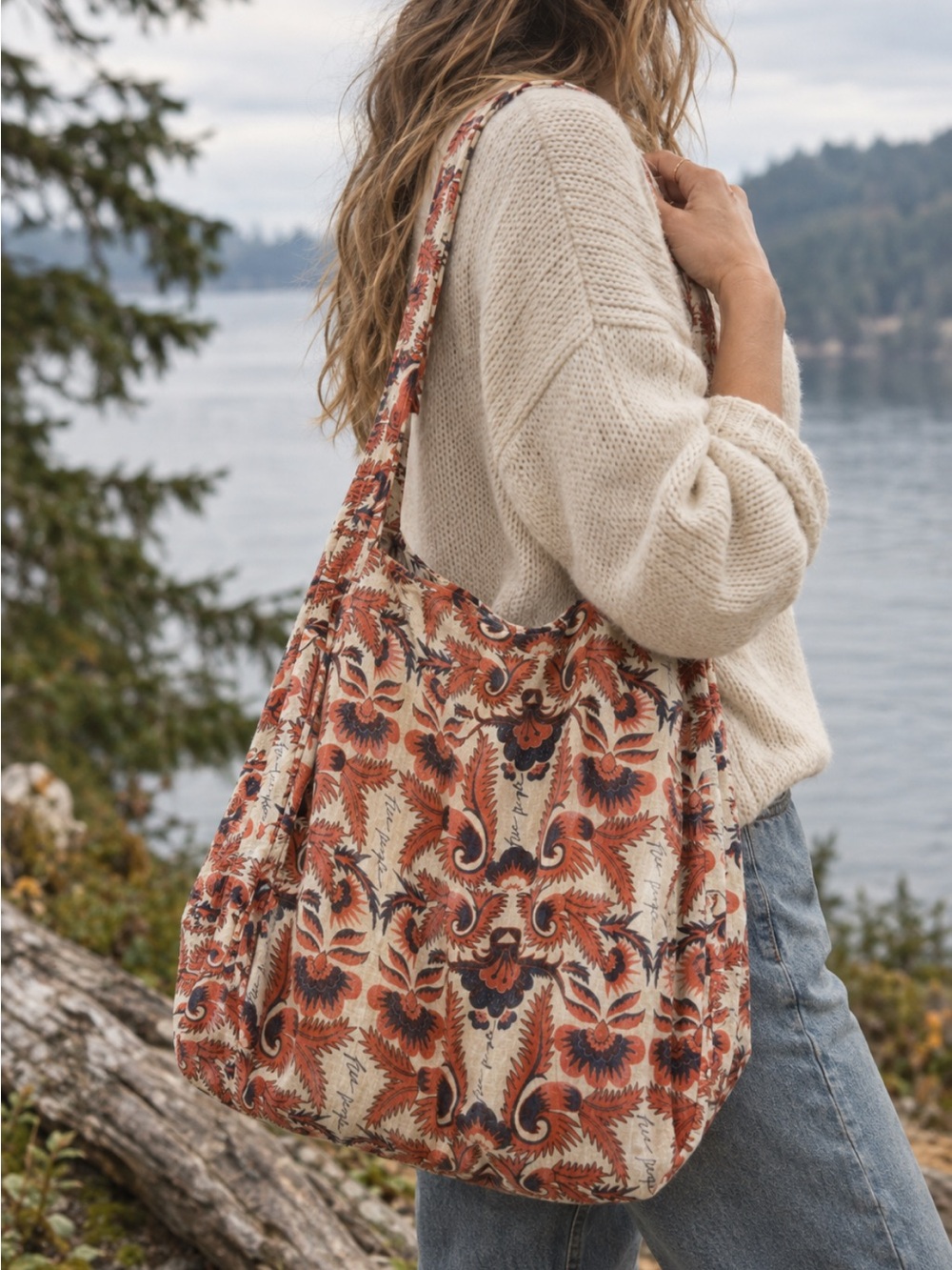 RARE Free People Floral Pattern Tote in Rust and Cream